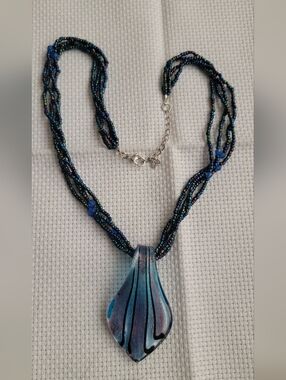 Handcrafted Blue Glass Teardrop Pendant Necklace - Beaded Multi-Strand